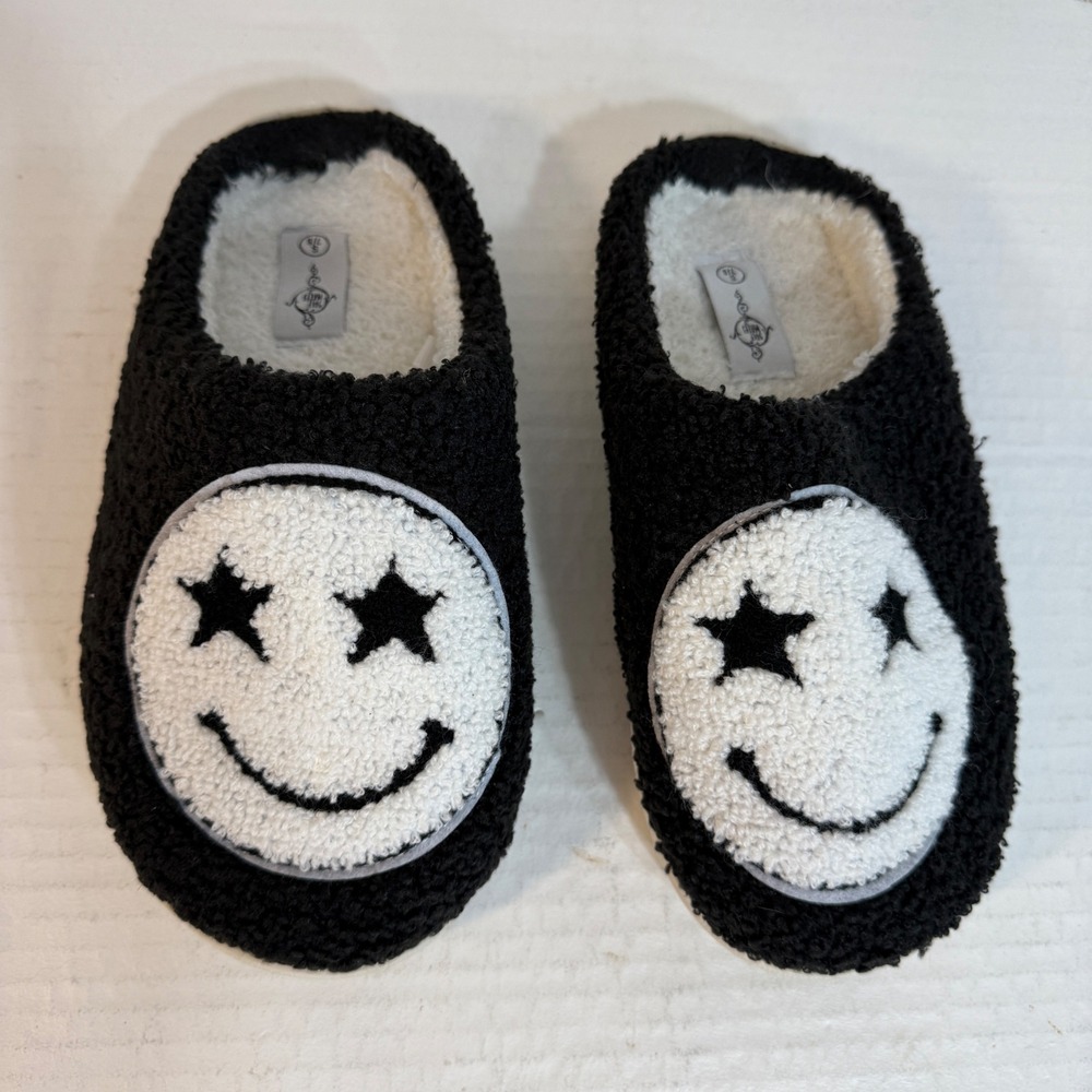 Small‎ Black Fuzzy Slippers Smiley Face Star Eyes Cozy House Shoes Women